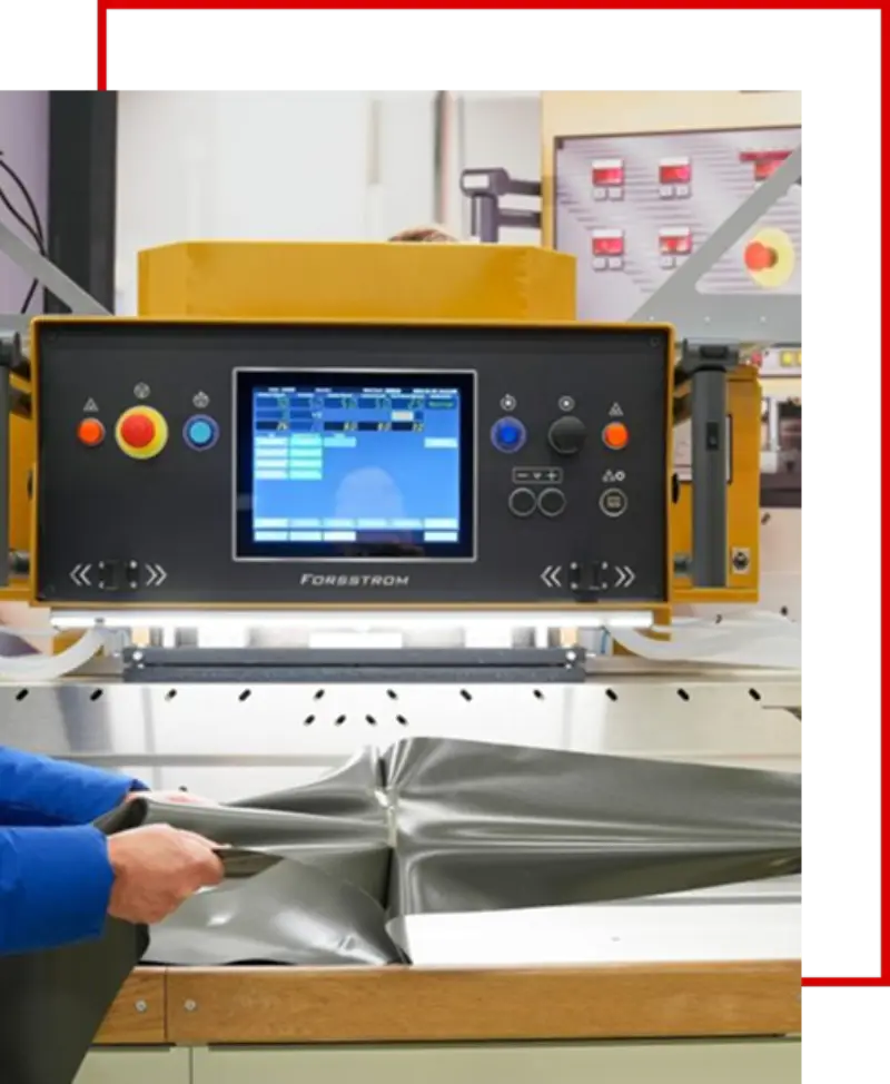 RF welding machine at Delange's Industries fabrication shop Technician checking the quality
